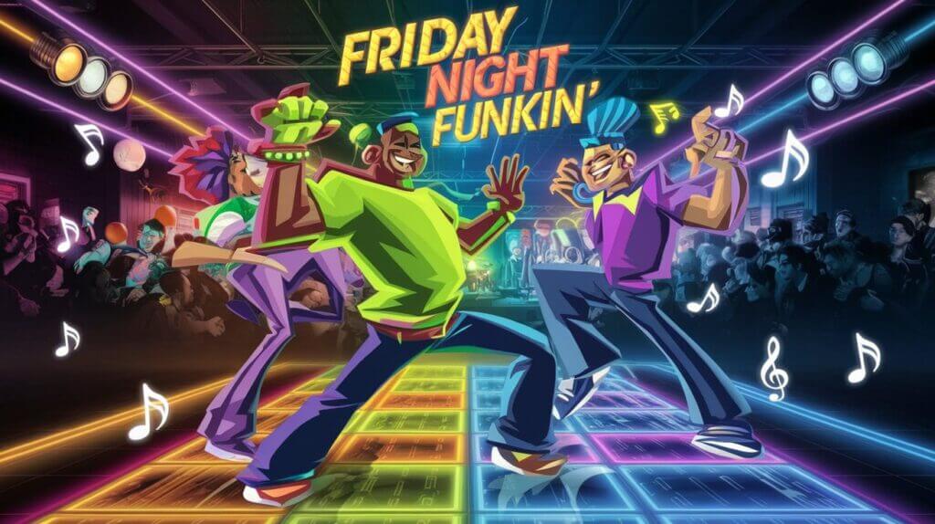 Illustration of Friday Night Funkin' characters in a vibrant dance-off.