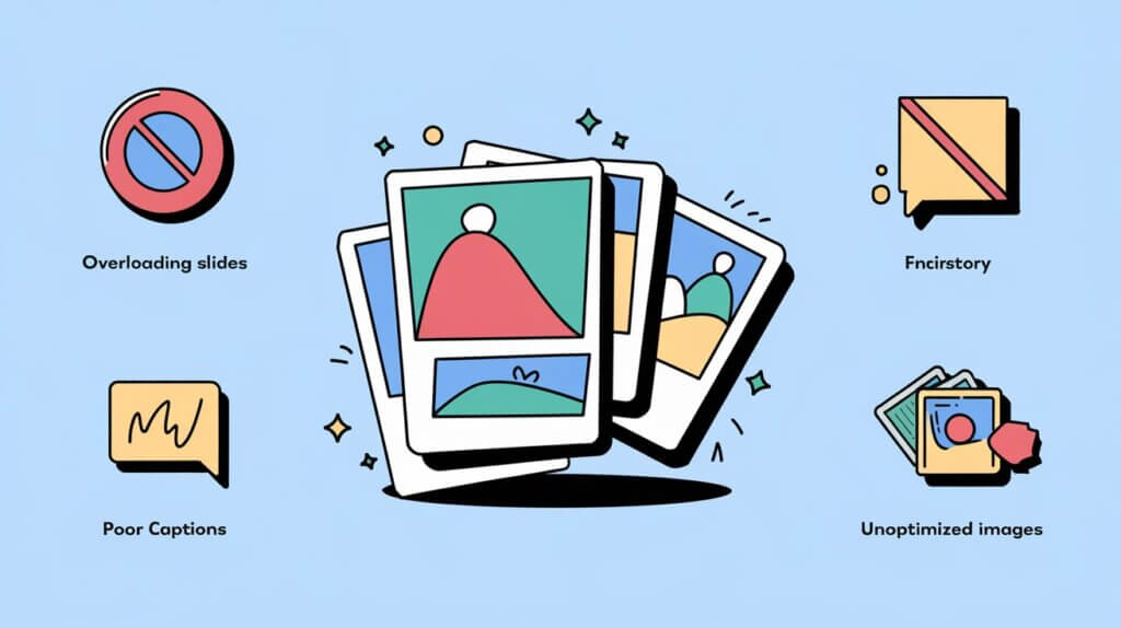 Illustration depicting common presentation and content creation mistakes, including overloading slides, poor captions, unoptimized images, and unclear narratives.