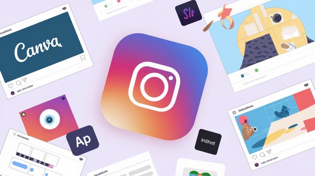 Instagram logo in the center surrounded by various social media and graphic design app icons like Canva, InShot, and Adobe, along with stylized image templates.