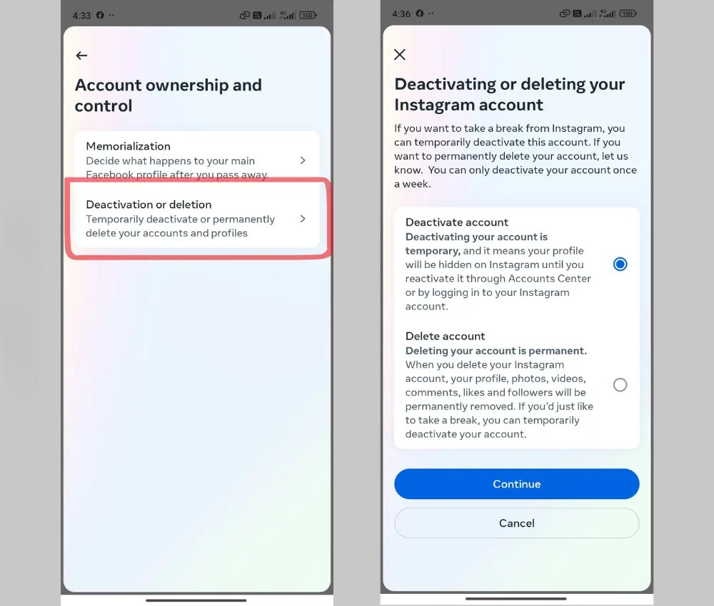 deactivate the instagram account