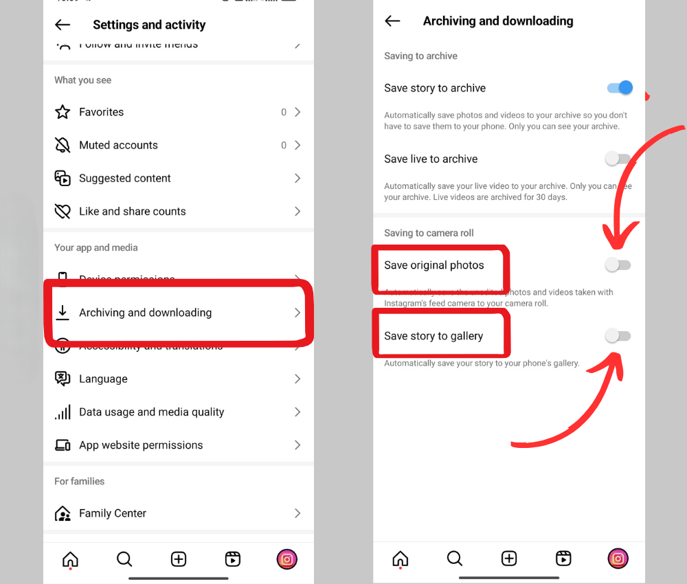 disable saving posts and story to camera roll 1