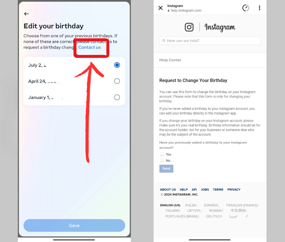 step 4 fill out request form for changinng birthdate on instagram 1